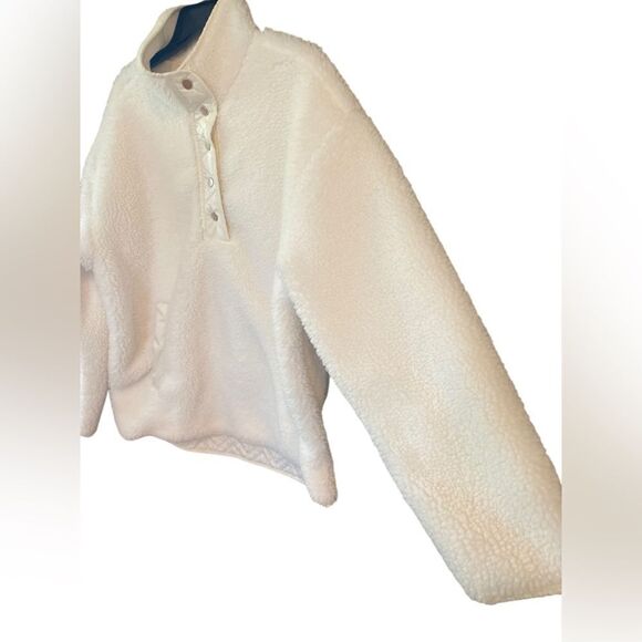 Athleta L Winter White Cozy Sherpa Snap Collar Winter Kangaroo Pocket Jacket - Picture 5 of 7
